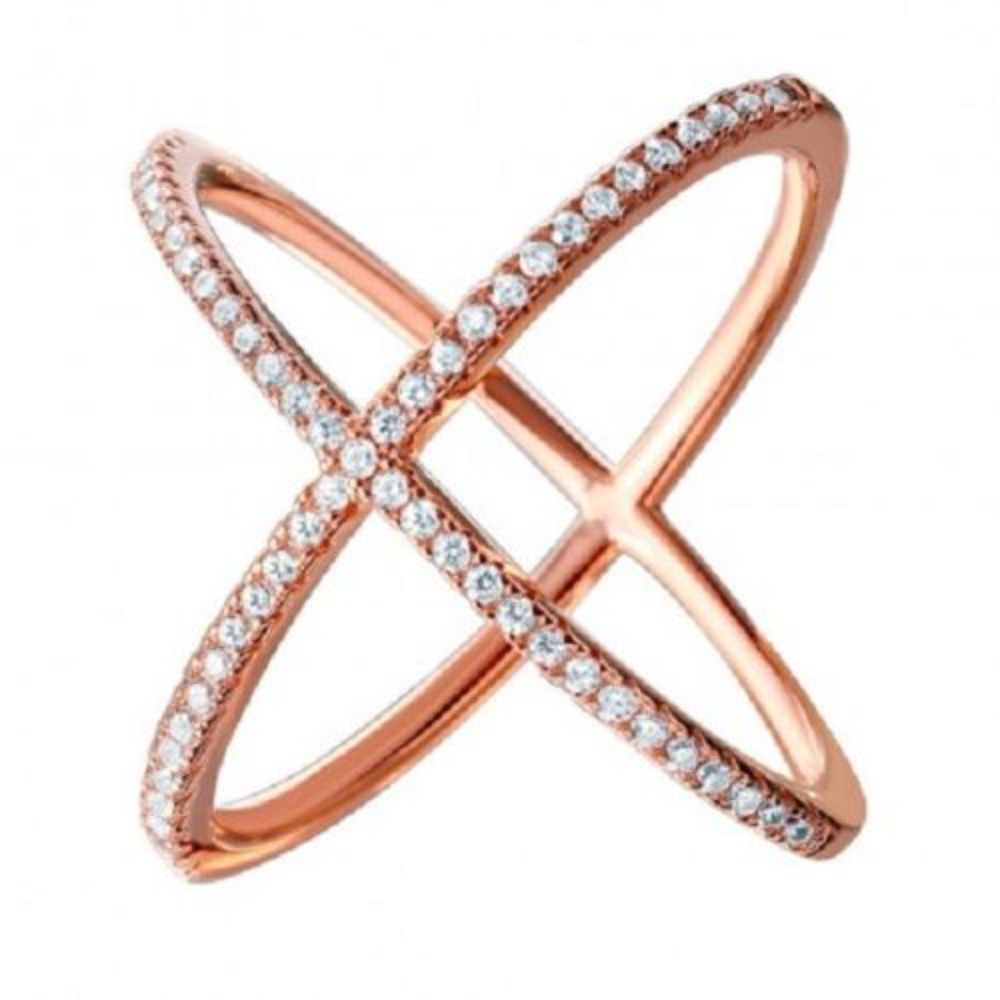 925 Sterling Silver Rose Gold 4 Way CZ "X" Ring